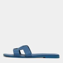 Pre Owned Hermes Blue Leather Oran Flat Slides Size 39.5