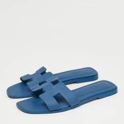 Pre Owned Hermes Blue Leather Oran Flat Slides Size 39.5
