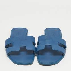 Pre Owned Hermes Blue Leather Oran Flat Slides Size 39.5