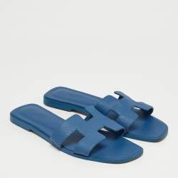 Pre Owned Hermes Blue Leather Oran Flat Slides Size 39.5