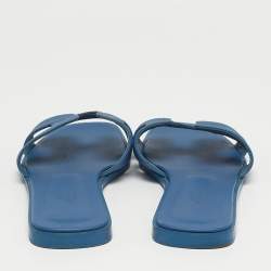 Pre Owned Hermes Blue Leather Oran Flat Slides Size 39.5
