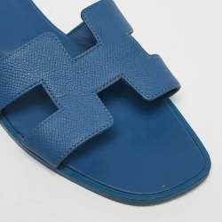 Pre Owned Hermes Blue Leather Oran Flat Slides Size 39.5