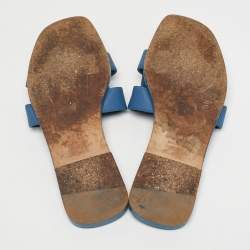 Pre Owned Hermes Blue Leather Oran Flat Slides Size 39.5