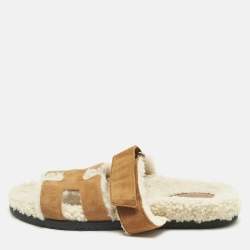 Pre Owned Hermes Brown Suede Shearling Fur Chypre Sandals Size 39.5