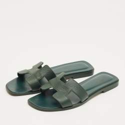 Pre Owned Hermes Green Leather Oran Flat Slides Size 37