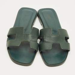 Pre Owned Hermes Green Leather Oran Flat Slides Size 37