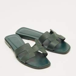Pre Owned Hermes Green Leather Oran Flat Slides Size 37