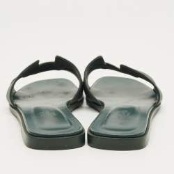 Pre Owned Hermes Green Leather Oran Flat Slides Size 37