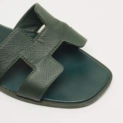 Pre Owned Hermes Green Leather Oran Flat Slides Size 37