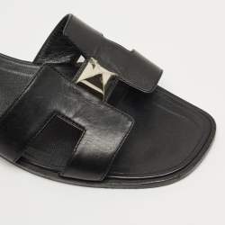 Pre Owned Hermes Black Leather Oran Flat Sandals Size 37.5
