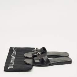 Pre Owned Hermes Black Leather Oran Flat Sandals Size 37.5