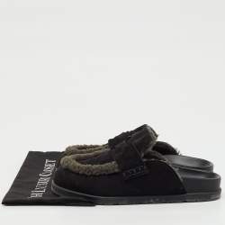 Pre Owned Hermes Black/Dark Grey Suede and Shearling Go Flat Mules Size 37.5