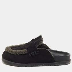 Pre Owned Hermes Black/Dark Grey Suede and Shearling Go Flat Mules Size 37.5