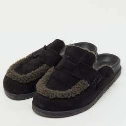 Pre Owned Hermes Black/Dark Grey Suede and Shearling Go Flat Mules Size 37.5