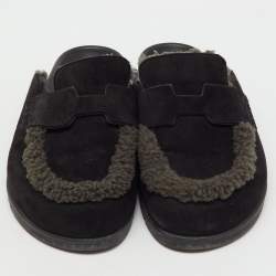 Pre Owned Hermes Black/Dark Grey Suede and Shearling Go Flat Mules Size 37.5