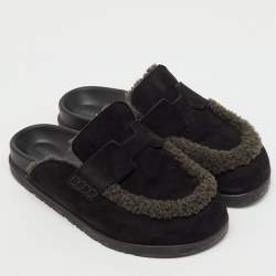 Pre Owned Hermes Black/Dark Grey Suede and Shearling Go Flat Mules Size 37.5