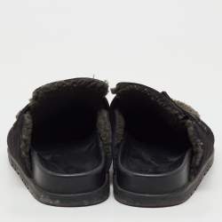 Pre Owned Hermes Black/Dark Grey Suede and Shearling Go Flat Mules Size 37.5