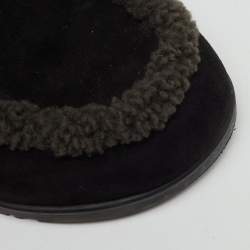 Pre Owned Hermes Black/Dark Grey Suede and Shearling Go Flat Mules Size 37.5