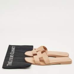 Pre Owned Hermes Beige Leather Oran Flat Slide Size 37