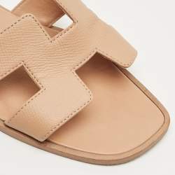 Pre Owned Hermes Beige Leather Oran Flat Slide Size 37
