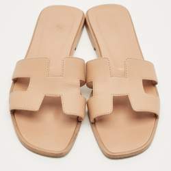 Pre Owned Hermes Beige Leather Oran Flat Slide Size 37