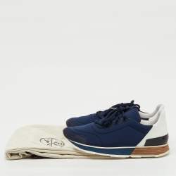 Pre Owned Hermes Navy Blue/White Neoprene and Leather Miles Lace Up Sneakers Size 39.5