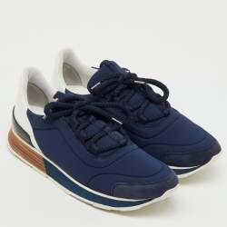 Pre Owned Hermes Navy Blue/White Neoprene and Leather Miles Lace Up Sneakers Size 39.5