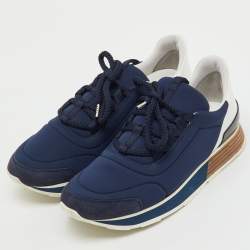 Pre Owned Hermes Navy Blue/White Neoprene and Leather Miles Lace Up Sneakers Size 39.5