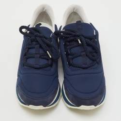 Pre Owned Hermes Navy Blue/White Neoprene and Leather Miles Lace Up Sneakers Size 39.5