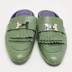 Pre Owned Hermes Green Leather Rivoli Mules Size 40