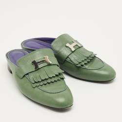 Pre Owned Hermes Green Leather Rivoli Mules Size 40