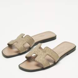 Pre Owned Hermes Beige Crystal-Suede Oran Flat Slide Size 39
