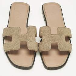Pre Owned Hermes Beige Crystal-Suede Oran Flat Slide Size 39