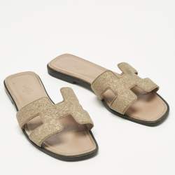 Pre Owned Hermes Beige Crystal-Suede Oran Flat Slide Size 39
