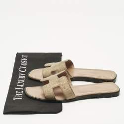 Pre Owned Hermes Beige Crystal-Suede Oran Flat Slide Size 39