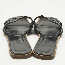 Pre Owned Hermes Black Leather Laurel Oran Flat Slide Size 39