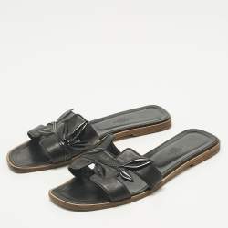 Pre Owned Hermes Black Leather Laurel Oran Flat Slide Size 39
