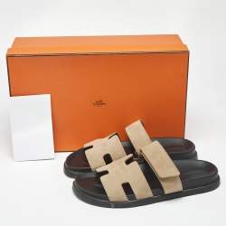 Pre Owned Hermes Beige Suede Chypre Sandals Size 40.5