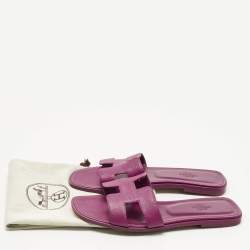 Pre Owned Hermes Purple Leather Oran Flat Slides Size 38
