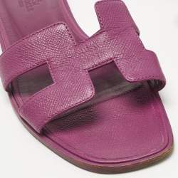 Pre Owned Hermes Purple Leather Oran Flat Slides Size 38