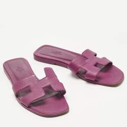 Pre Owned Hermes Purple Leather Oran Flat Slides Size 38