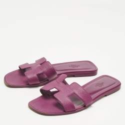 Pre Owned Hermes Purple Leather Oran Flat Slides Size 38