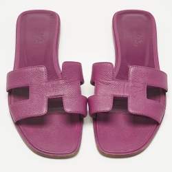 Pre Owned Hermes Purple Leather Oran Flat Slides Size 38
