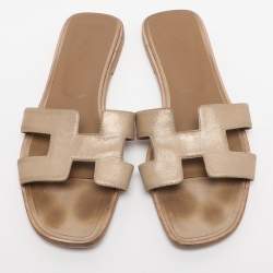 Pre Owned Hermes Metallic Beige Leather Oran Flat Sandals Size 40