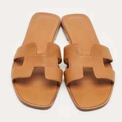 Pre Owned Hermes Brown Leather Oran Flat Sandals Size 39