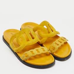 Pre Owned Hermes Yellow Suede Extra Flat Slide Sandals Size 37