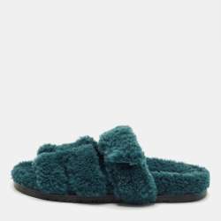 Pre Owned Hermès Teal Green Shearling Fur Chypre Flat Sandals Size 38