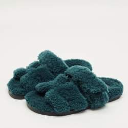 Pre Owned Hermès Teal Green Shearling Fur Chypre Flat Sandals Size 38