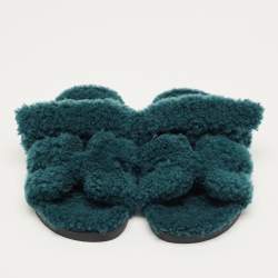 Pre Owned Hermès Teal Green Shearling Fur Chypre Flat Sandals Size 38