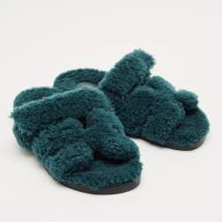 Pre Owned Hermès Teal Green Shearling Fur Chypre Flat Sandals Size 38